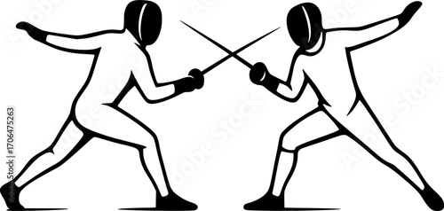 Minimalist black and white vector of a fencing sword strike, sleek silhouette illustration for sports posters, martial arts training, competition visuals, and modern graphic design.