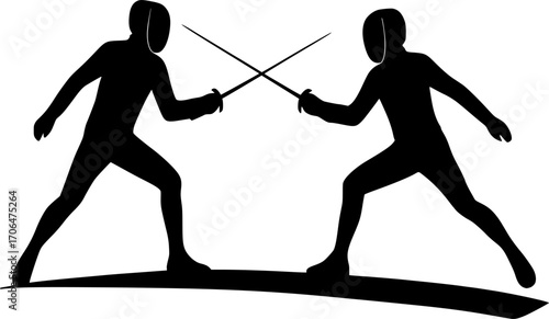 Minimalist black and white vector of two fencers on a piste, sleek silhouette illustration for sports posters, martial arts training, competition visuals, and modern graphic design.