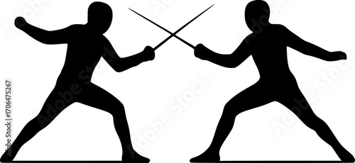 Minimalist black and white vector of a fencing duel with foils, sleek silhouette illustration for sports posters, martial arts training, competition visuals, and modern graphic design.