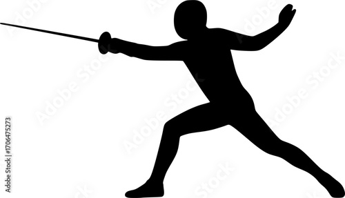 Minimalist black silhouette vector of a fencer striking forward, sleek illustration for sports posters, martial arts training, competition visuals, and modern graphic design projects.