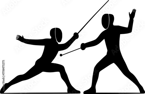 Minimalist black and white vector of a fencer scoring a touch, sleek silhouette illustration for sports posters, martial arts training, competition visuals, and modern graphic design.
