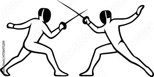 Minimalist black and white vector of two fencers in mid-action, sleek silhouette illustration for sports posters, martial arts training, competition visuals, and modern graphic design.