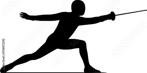 Black silhouette of a fencing lunge with foil, minimalist monochrome vector design for posters, sports materials, training guides, martial arts visuals, and elegant graphic projects.
