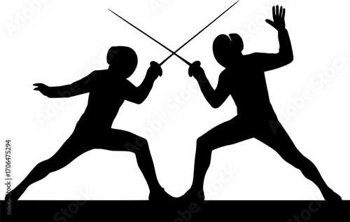 Minimalist black and white vector of fencers in a dramatic pose, sleek silhouette illustration for sports posters, martial arts training, competition visuals, and modern graphic design.