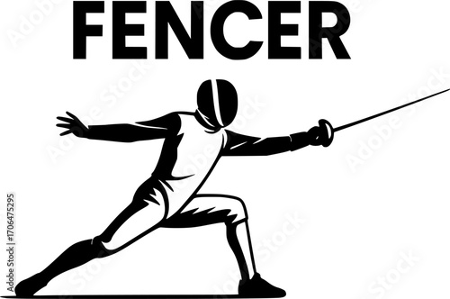 Black and white vector of a fencer lunging forward, minimalist silhouette poster design for sports guides, competition visuals, martial arts training, and modern graphic projects.