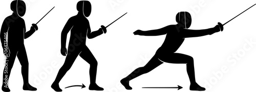 Minimalist black and white vector of fencing footwork steps, sleek silhouette illustration for posters, sports guides, martial arts training materials, and elegant wall art.