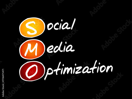 SMO Social Media Optimization - use of a number of outlets and communities to generate publicity to increase the awareness of a product, acronym text concept background
