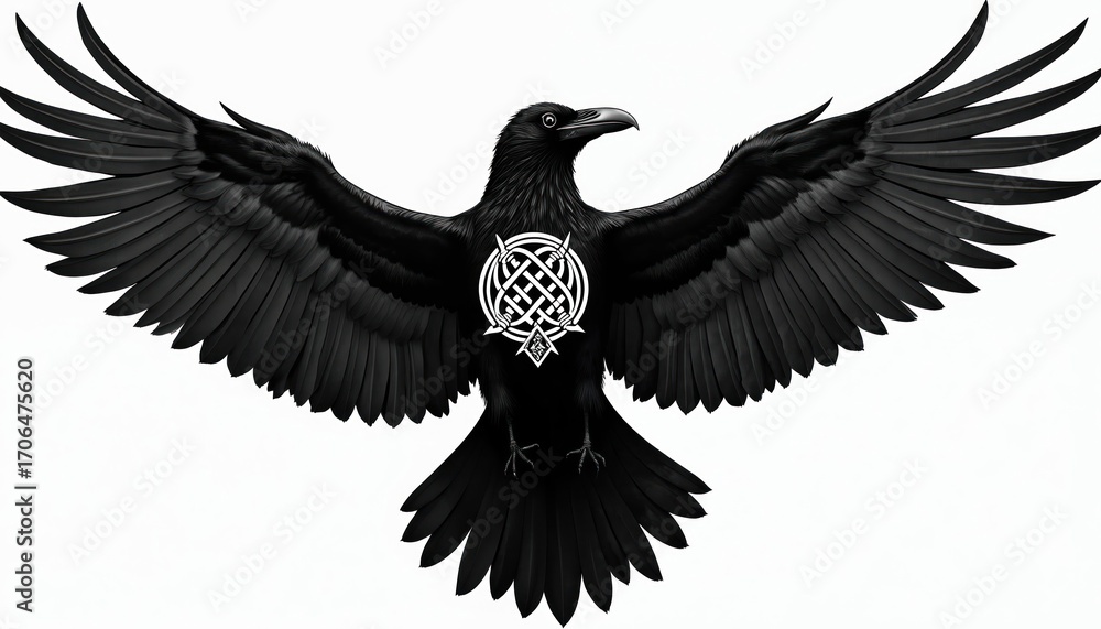 Fototapeta premium Black raven with outstretched wings displays celtic knot symbol on chest. Norse mythology bird illustration isolated on white art. Detailed feathers, sharp beak, intense eye create powerful image for