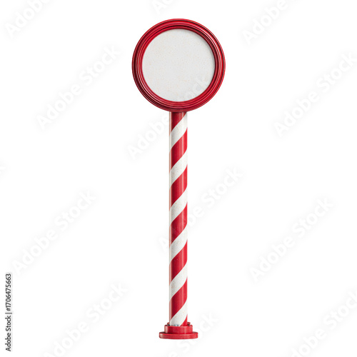 Candy cane striped pole with round blank sign isolated on transparent background