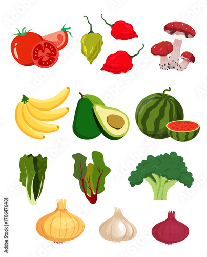Nutritious food icons colorful vegetables ingredients fruits sketch