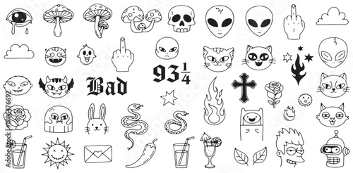 Doodles Sketchbook Black And White Hand Drawn Tattoo Style Collection Mushrooms Aliens Cats Skulls Cartoon Aesthetics