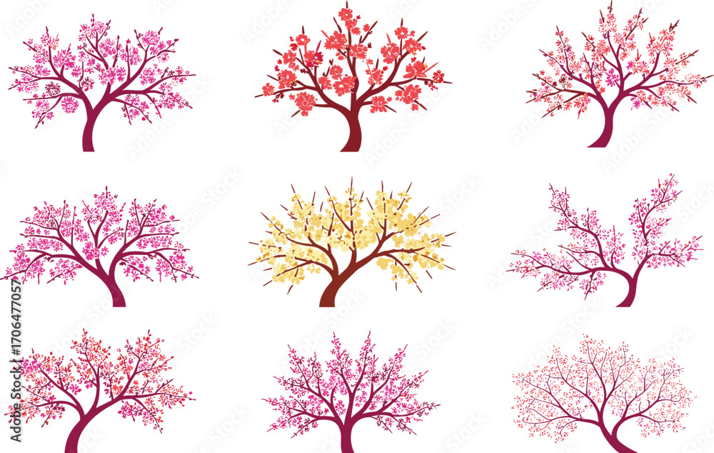 Fototapeta premium Colorful blooming trees, spring blossom design, floral seasonal tree, vibrant foliage illustration, decorative tree art, pink red yellow blossoms