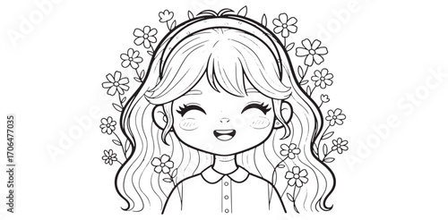 Girl coloring page joy flowers coloring template line drawing floral illustration cute character page activity art