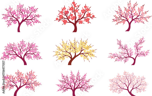 Colorful blooming trees, spring blossom design, floral seasonal tree, vibrant foliage illustration, decorative tree art, pink red yellow blossoms