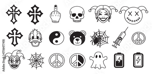 Black Outline Tattoo Flash Sheet Art Cross Skull Jester Spiderweb Ghost Clown Yin Yang Peace Sign Donald Duck Battery