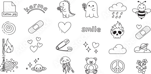 Whimsical Tattoo Designs Vector Art Set Quirky Illustrations Cute Elements Tattoo Ideas Line Art Graphics Playful Icons