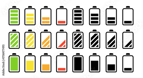 Battery level icons set with charge indicators