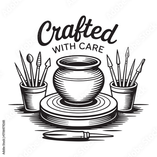 Handcrafted Pottery Vector Illustration with Clay Tools and Text