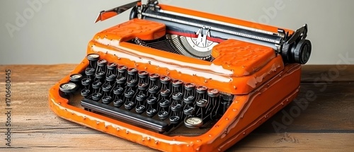 Vintage orange typewriter on wooden desk retro writing machine textured keys office technology creative design
