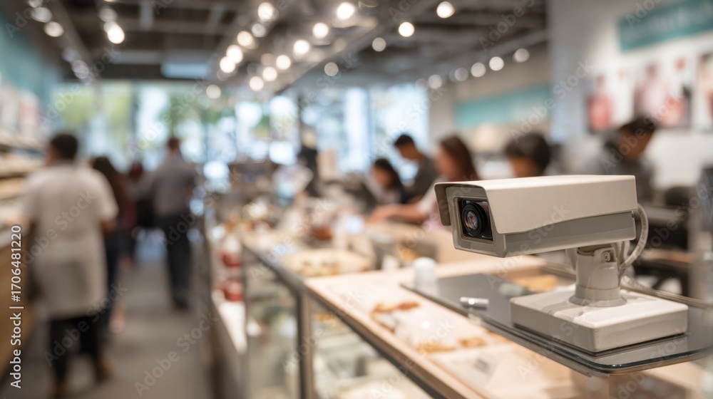 Obraz premium Motionsensitive security camera capturing activity at a counter showing the device clearly while the background of moving employees and shoppers is artistically out of focus.