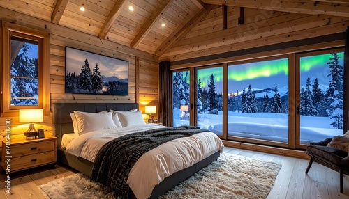 Cozy bedroom with aurora borealis view (1)