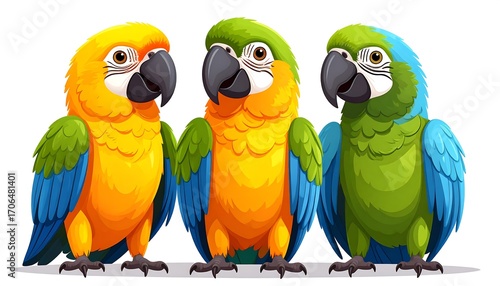 Three colorful parrots facing forward