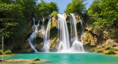 Majestic waterfall cascading into a vibrant turquoise pool surrounded by lush green forest.