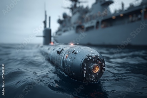 Advanced autonomous underwater vehicle surfacing near a naval vessel at sea.