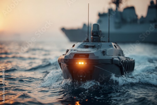 Advanced unmanned surface vessel (USV) at sea with a warship at sunset.