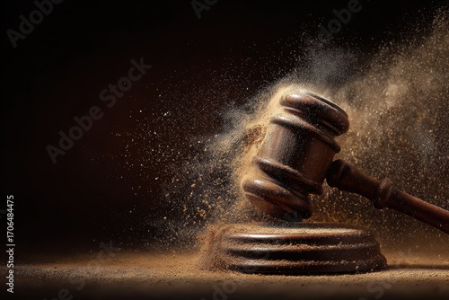 Dramatic Gavel Strike with Exploding Dust Cloud, Symbolizing Justice and Legal Authority.