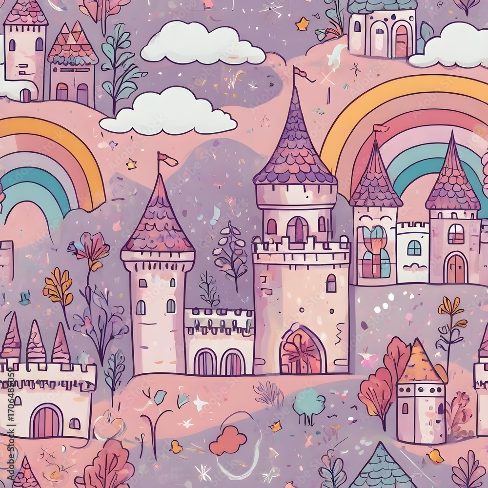 Fototapeta premium Seamless wallpaper design with cute cartoon castles, unicorns, rainbows, and fairies, dreamy pastel pink and lavender palette, playful and magical kids,Generative Ai 