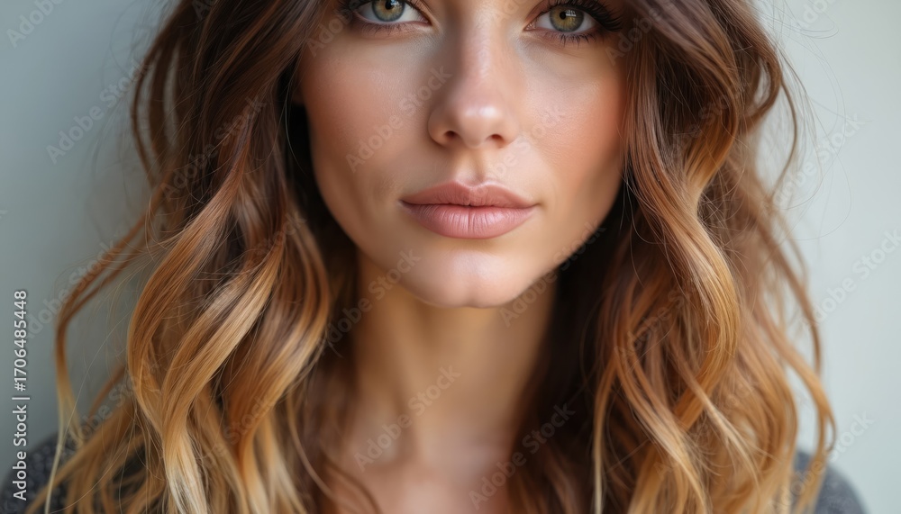 Naklejka premium Balayage hair blends dark chocolate roots with golden caramel, sun tanned blonde ends. Wavy texture creates modern, elegant look with natural warmth, shine. Hair transformation offers vibrant, chic