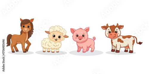 Set of cartoon cute animals. Funny horse, lumb, sheep, cow and pig. Funny animals for magazines, postcards, cards. Vector illustration
