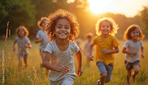 Diverse group of children joyfully run through sun-drenched meadow, laughter echoing freedom, camaraderie. Image celebrates inclusion, acceptance, beauty of childhood friendship, unity, support among