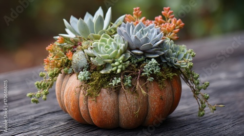 Autumn themed display featuring diverse succulents bursting from hollowed pumpkin on natural wooden background.