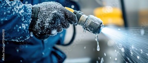 Frozen water spray nozzle close up icy texture winter cold