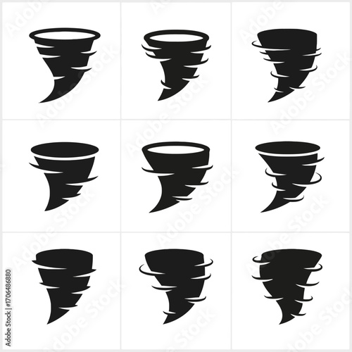 Abstract Simple Black Tornado Flat Icons Set for Design and Infographics
