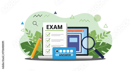 Flat illustration of exam checklist with pencil, laptop, and magnifying glass, symbolizing online learning, digital exams, study preparation, and modern education tools for students