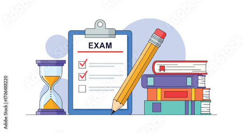 Flat illustration of exam checklist on clipboard with large pencil, books, and hourglass, symbolizing study preparation, academic testing, deadlines, and time management in education