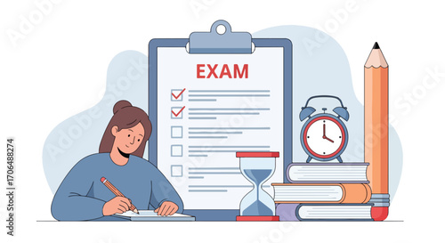 Flat illustration of student completing exam checklist at desk with books, clock, and hourglass, symbolizing study preparation, academic deadlines, focus, and time management in education