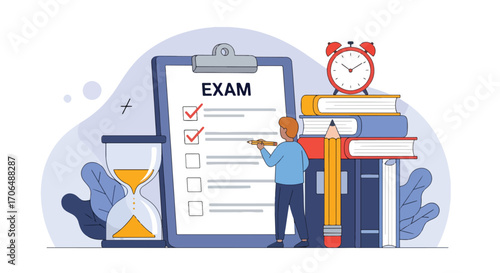 Flat illustration of student completing exam checklist at desk with books, clock, and hourglass, symbolizing study preparation, academic deadlines, focus, and time management in education