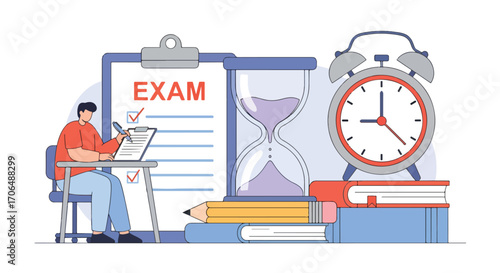 Flat illustration of student completing exam checklist at desk with books, clock, and hourglass, symbolizing study preparation, academic deadlines, focus, and time management in education