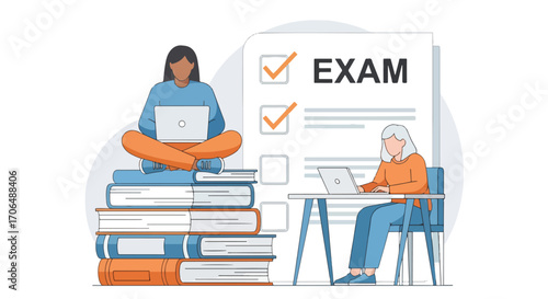 Flat illustration of students preparing for exam with laptops, sitting on books and at desk with checklist, representing online learning, study preparation, and digital education
