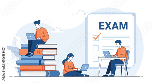 Flat illustration of students preparing for exam with laptops, sitting on books and at desk with checklist, representing online learning, study preparation, and digital education