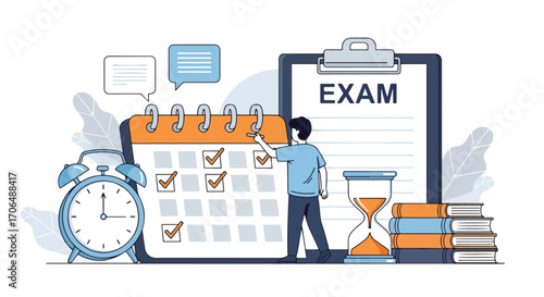 Flat illustration of student marking calendar for exam preparation with books, clock, and checklist, symbolizing study planning, academic schedule, deadlines, and time management in education