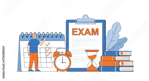 Flat illustration of student marking calendar for exam preparation with books, clock, and checklist, symbolizing study planning, academic schedule, deadlines, and time management in education