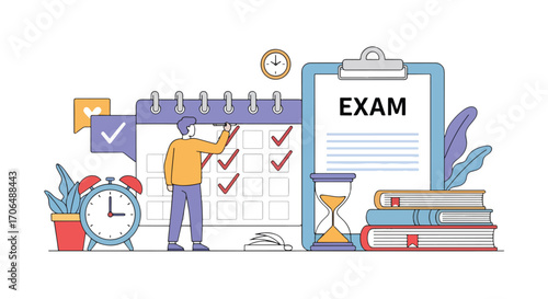 Flat illustration of student marking calendar for exam preparation with books, clock, and checklist, symbolizing study planning, academic schedule, deadlines, and time management in education