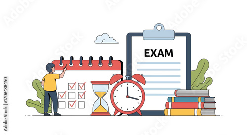 Flat illustration of student marking calendar for exam preparation with books, clock, and checklist, symbolizing study planning, academic schedule, deadlines, and time management in education