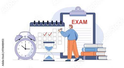 Flat illustration of student marking calendar for exam preparation with books, clock, and checklist, symbolizing study planning, academic schedule, deadlines, and time management in education