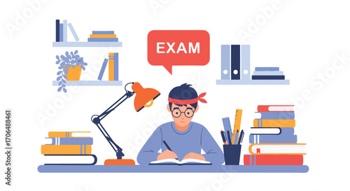 Flat illustration of focused student preparing for exam at desk with books, lamp, and stationery, symbolizing study, education, academic preparation, and dedication to learning
